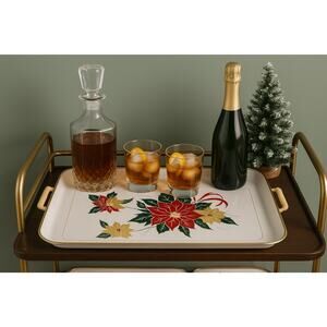 Vintage Christmas Poinsettia Metal Serving Trays Set of 3 Made in Japan